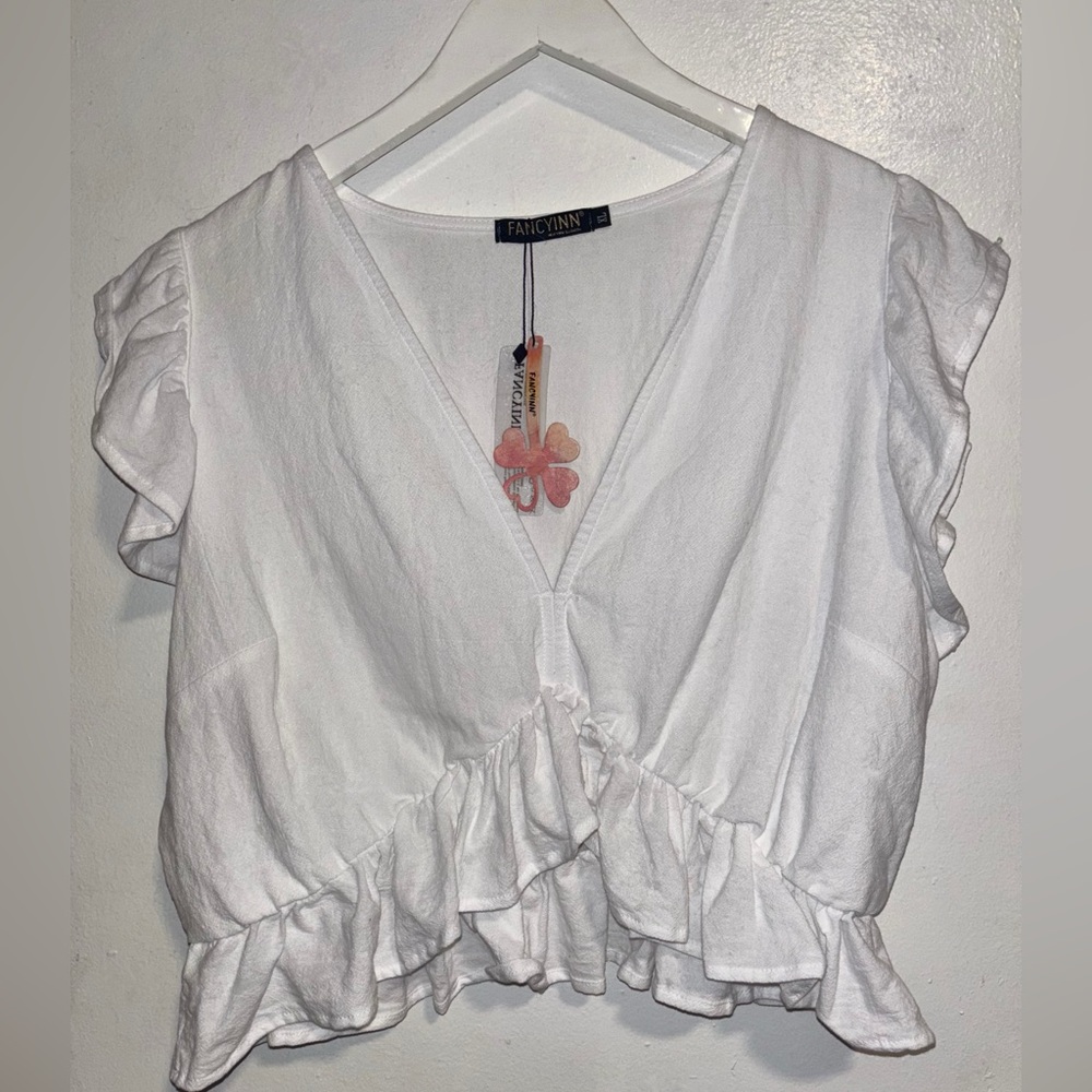 Fancyinn Elegant White Ruffle Blouse